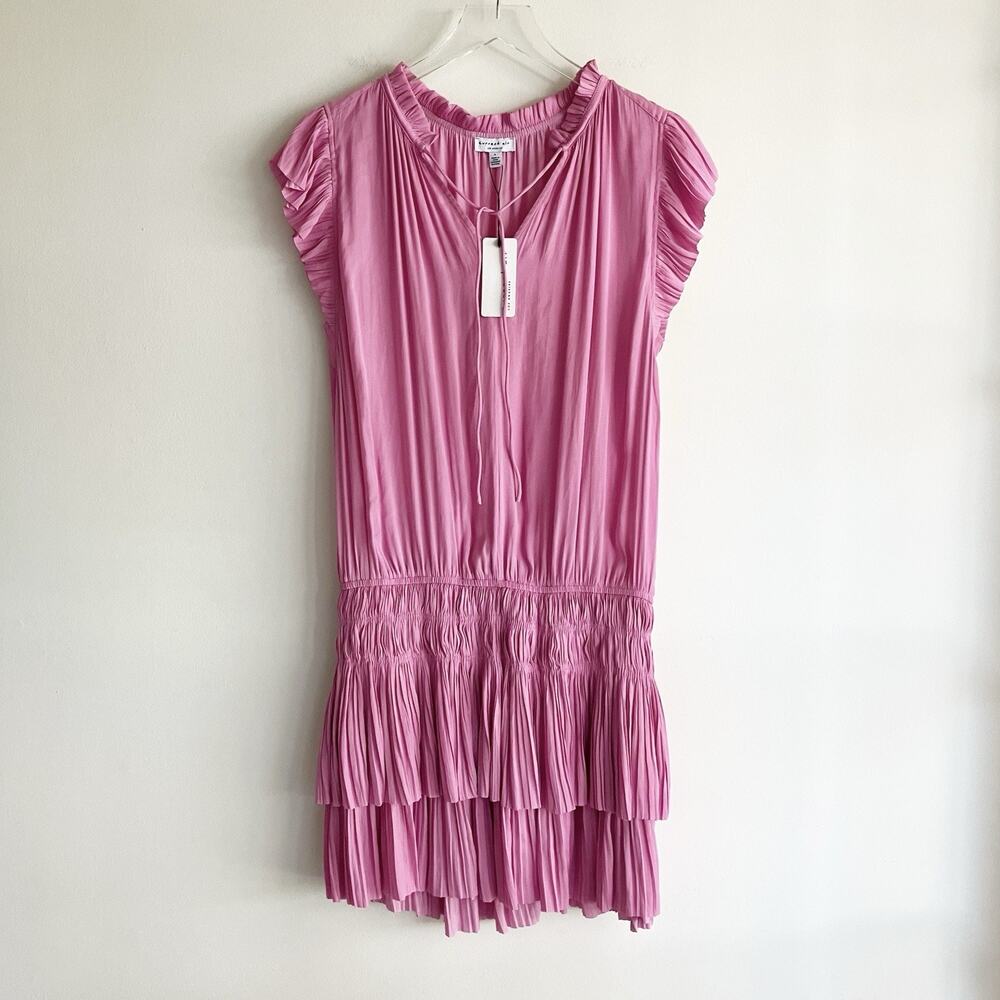 NWT Current Air Large Dress Drop Waist Pleated Ruched Tie Cap Sleeve Pink Mini